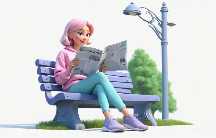 Park Scene with a Young Woman Reading a Newspaper 3D Character Illustration image